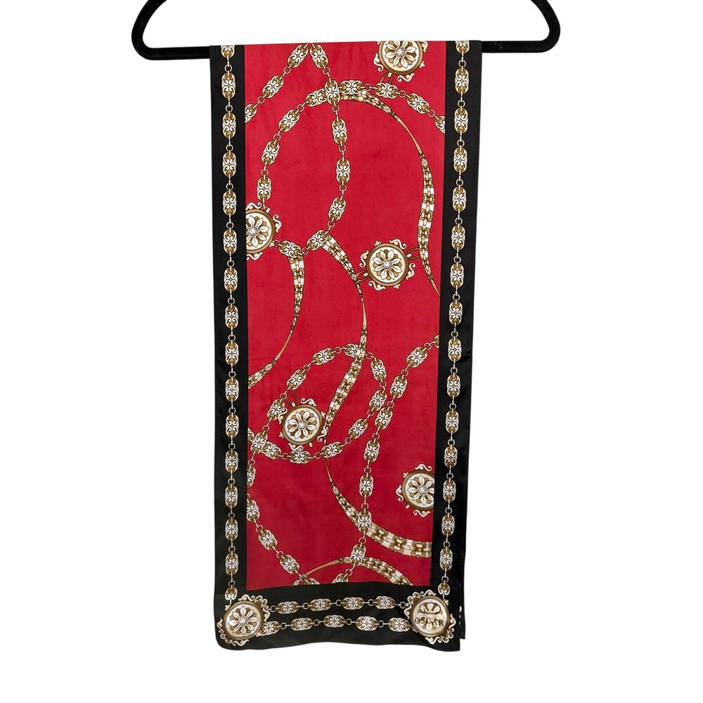 Oscar de la Renta Scarf 11X52 Red Black Gold Chain Link Medallion Fashion Luxury